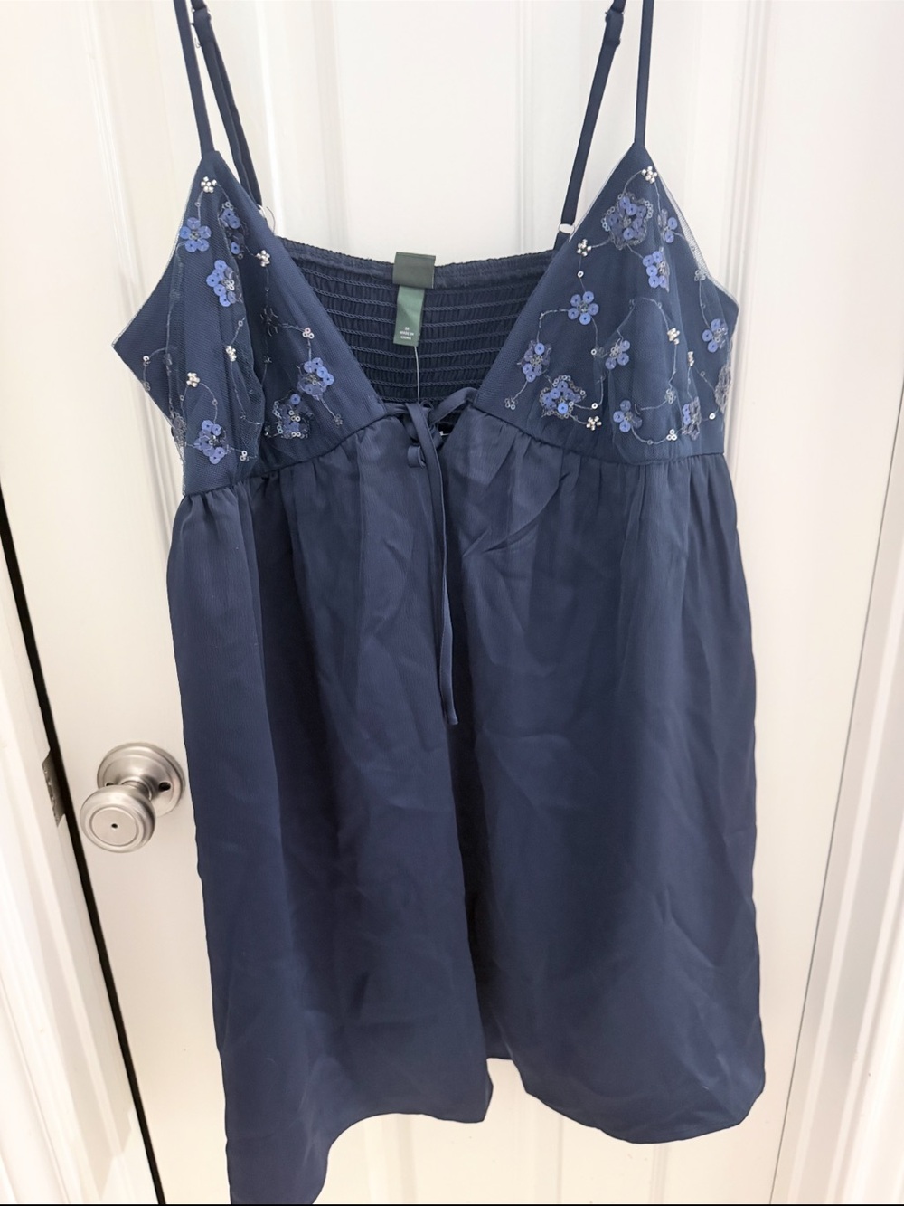 NWT Navy Floral-Embroidered Satin Chemise Slip